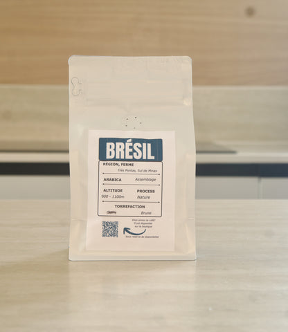 Dos du sachet de café Brésil Caixa de Frutas avec informations produit