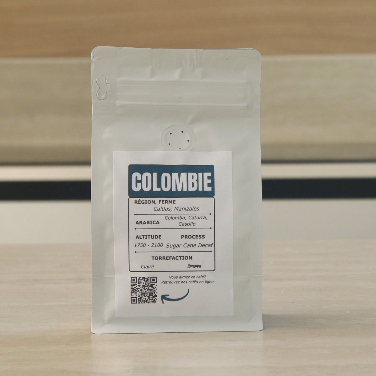 Sachet de café décaféiné Colombie Café Inn, vue de dos