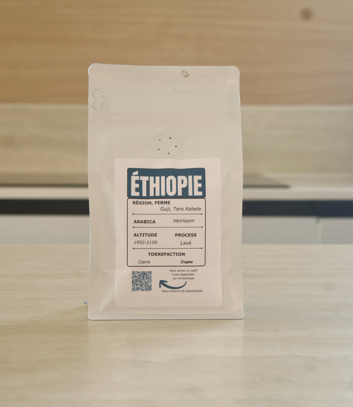 Dos du sachet de café Éthiopie Tero Kebele avec informations produit