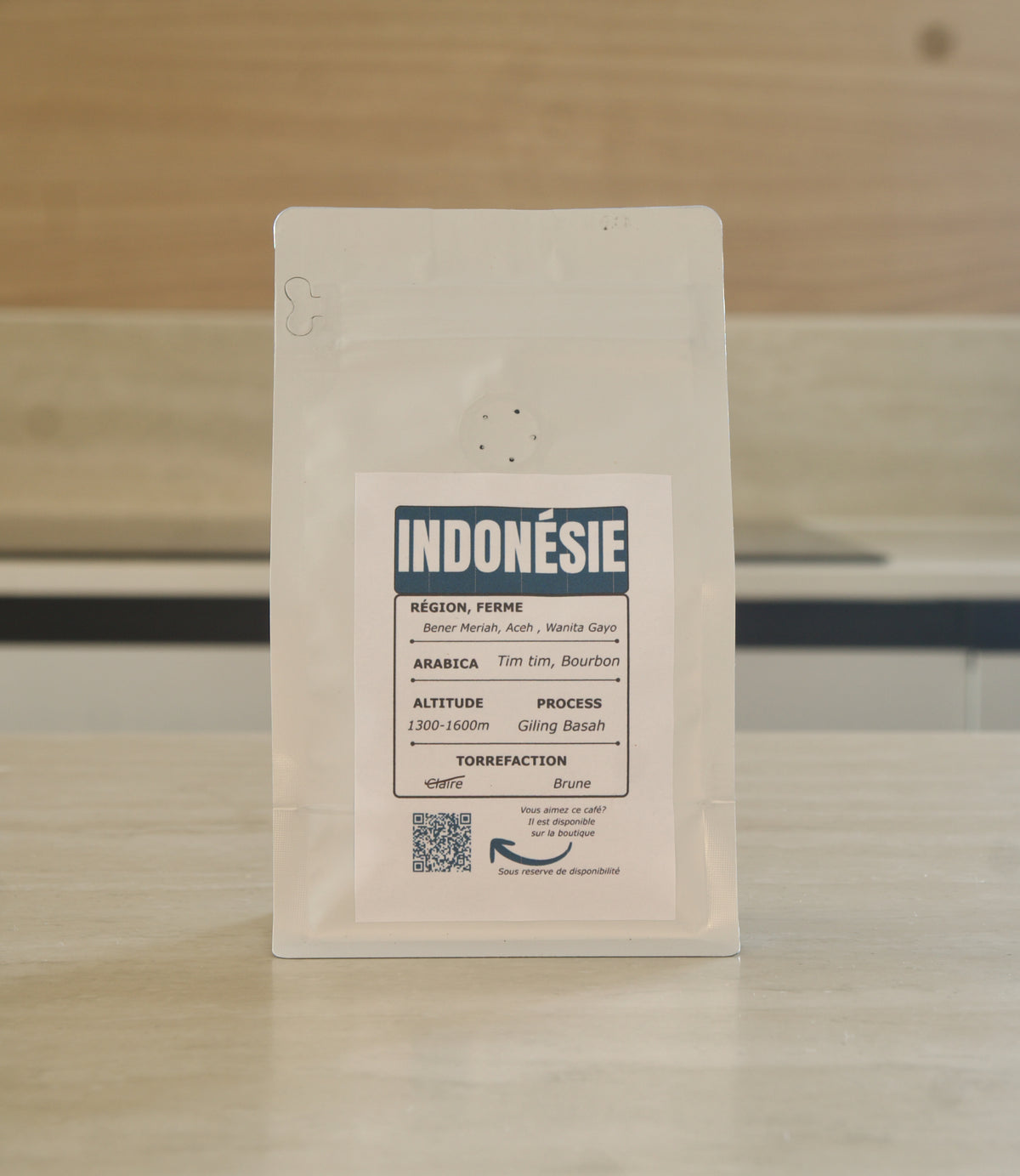 Dos du sachet de café Indonésie Wanita Gayo avec informations produit